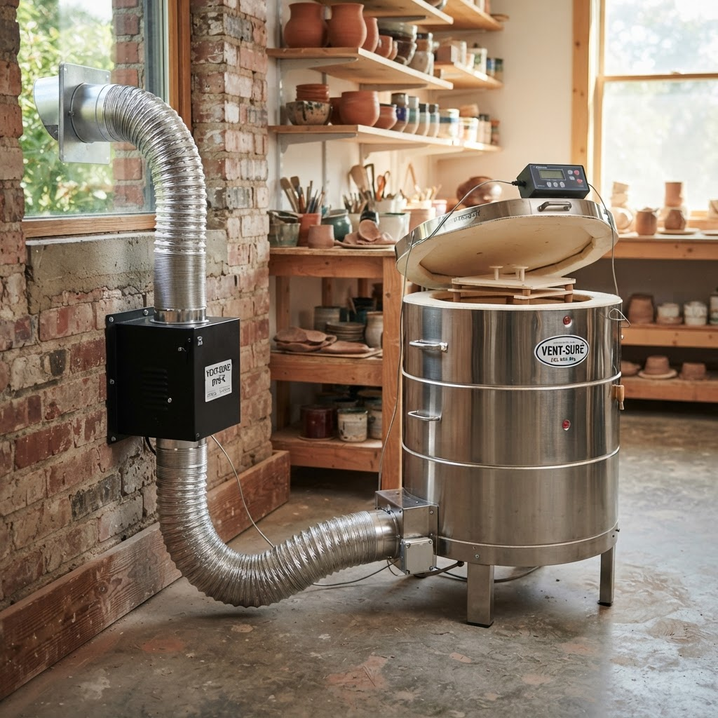 KilnVent downdraft vent system venting a ceramic kiln in a pottery studio