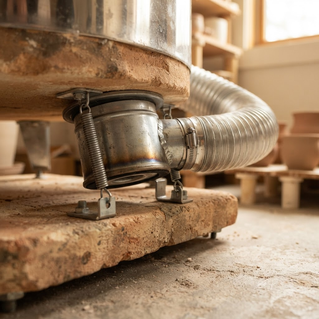 Close-up of the KilnVent spring-loaded collection cup sealing against the base of a kiln