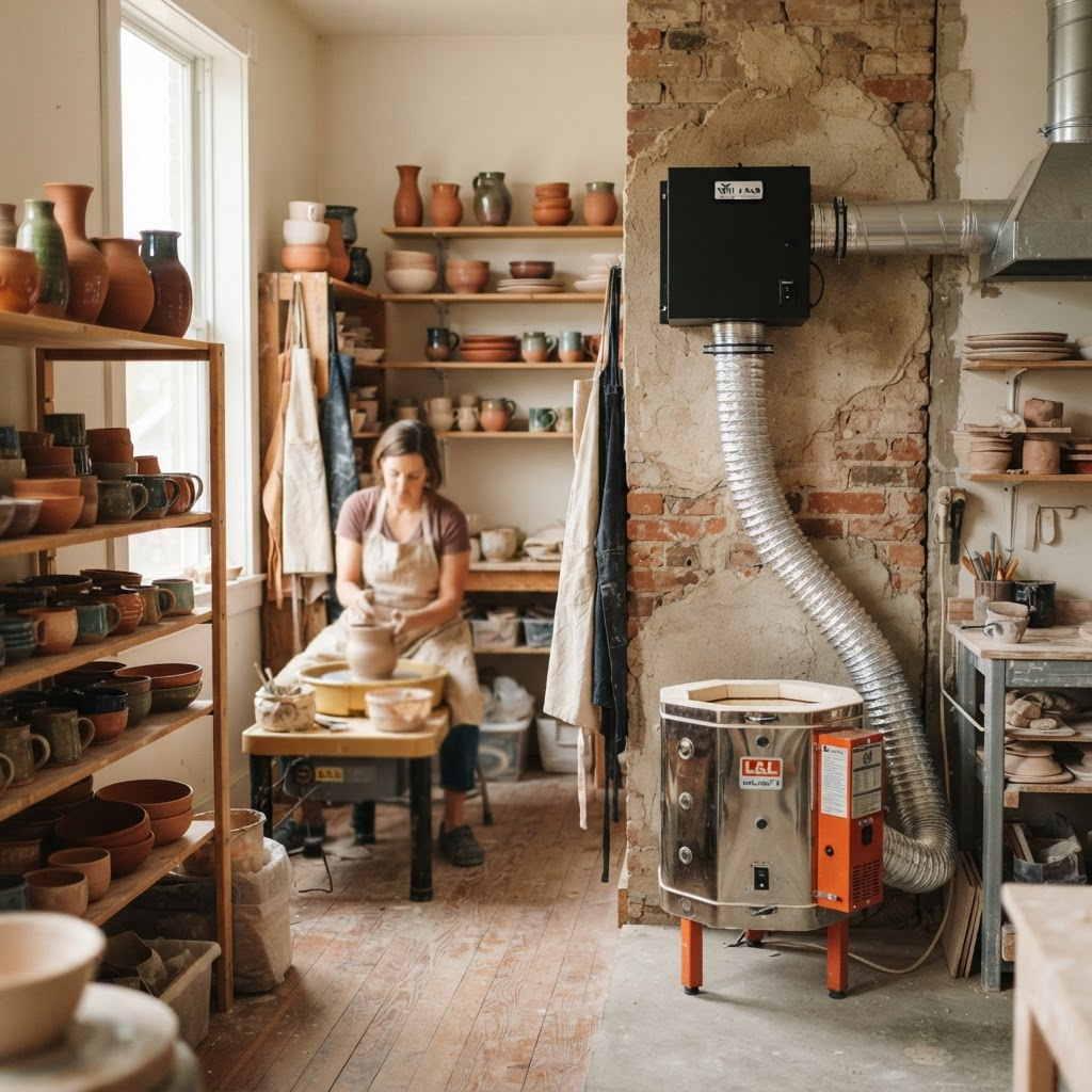 KilnVent wall-mounted fan and ducting drawing fumes out of a warm pottery studio